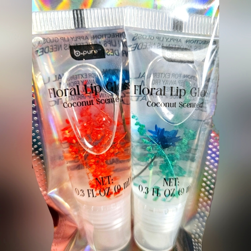 NWT 》2×《 Coconut Flavored B•PURE Floral Lip Gloss Tubes Set - Pink and Blue!